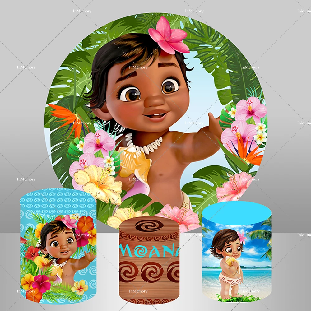 Brave Moana Conquering The Ocean Circle Round Backdrop Cover for Girls Summer Birthday Party Backgrounds Vaiana Cylinder Covers