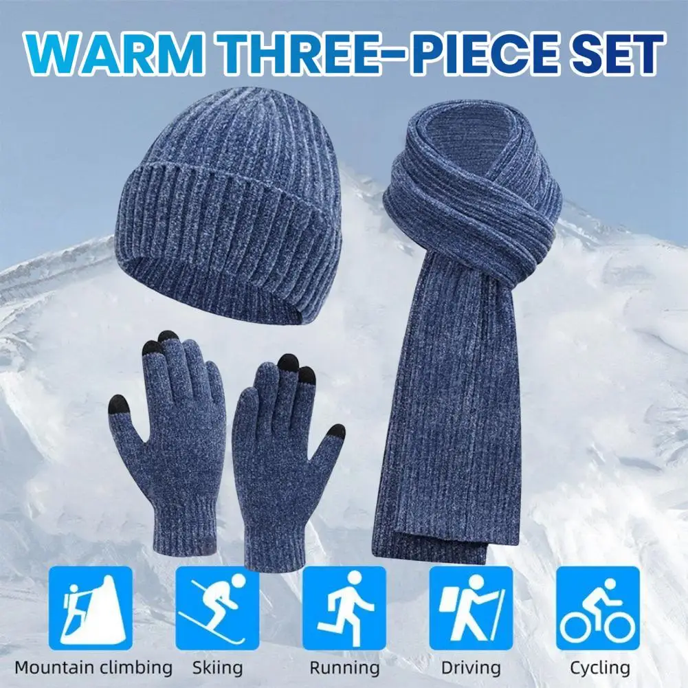 Conjunto de accesorios de invierno para hombre y mujer, gorro de punto, bufanda, guantes, equipo grueso y cálido para exteriores, sensibilidad a la pantalla táctil