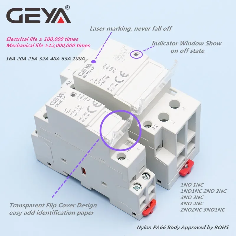 GEYA-GYHC Contator, tensão da bobina, tensão principal, DC12V, DC24V, 25A, 2NO, 2NC, 1NO1NC, 50Hz, 60Hz