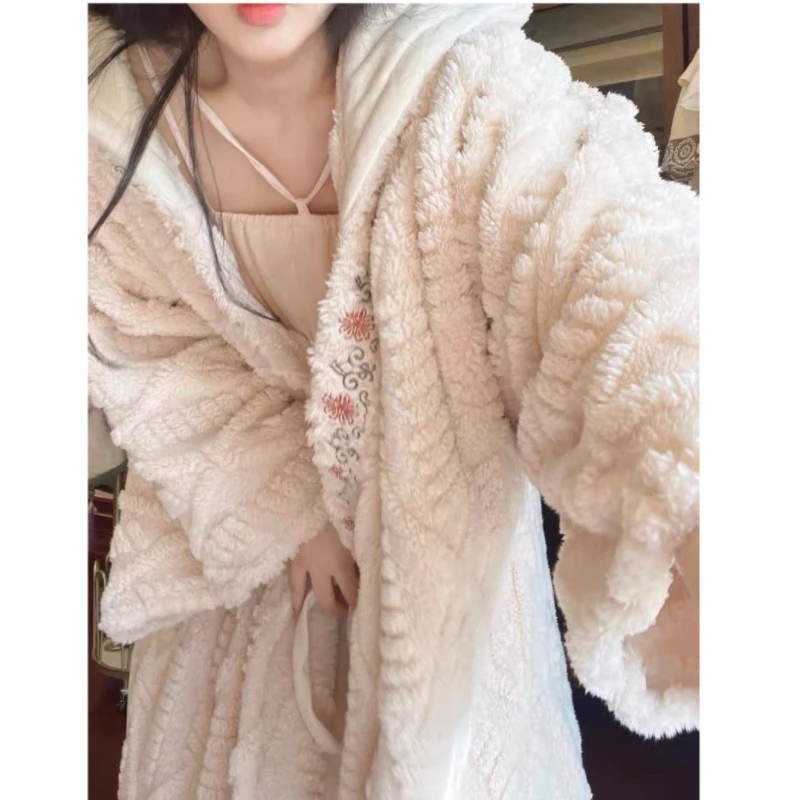 

Autumn Winter Nightgown Women 2025 New Fashion Loose Casual Shawl Cape Hooded Sleepwear Keep Warm Coral Fleece Outerwear Female