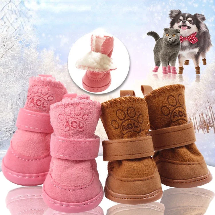 4Pcs/Set Pets Snow Boots Winter Warm Lamb Velvet Pets Shoes Snow Walking Puppy Sneakers Shoes Casual Fashion Non-slip Dogs Shoes