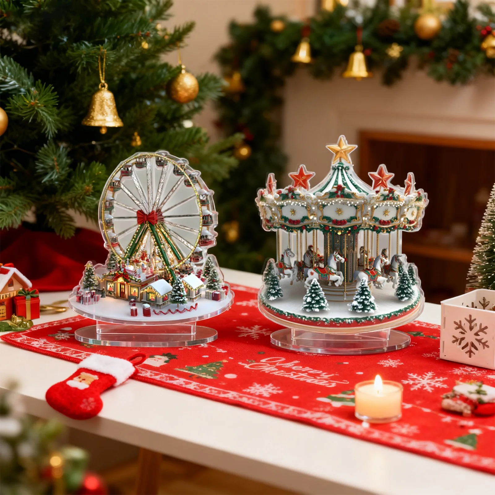 Christmas Carousel 2D Acrylic Ornaments Exquisite Ferris Wheel Acrylic Waterproofs Standing Decoration,Holiday Home Decor