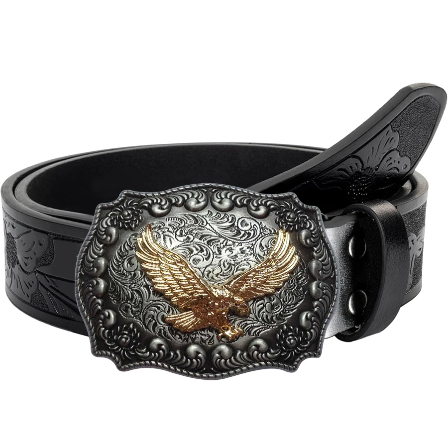 

1pc men's Western style belt with small eagle patterns, carved floral patterns and long horn decorations, retro style, perfect f