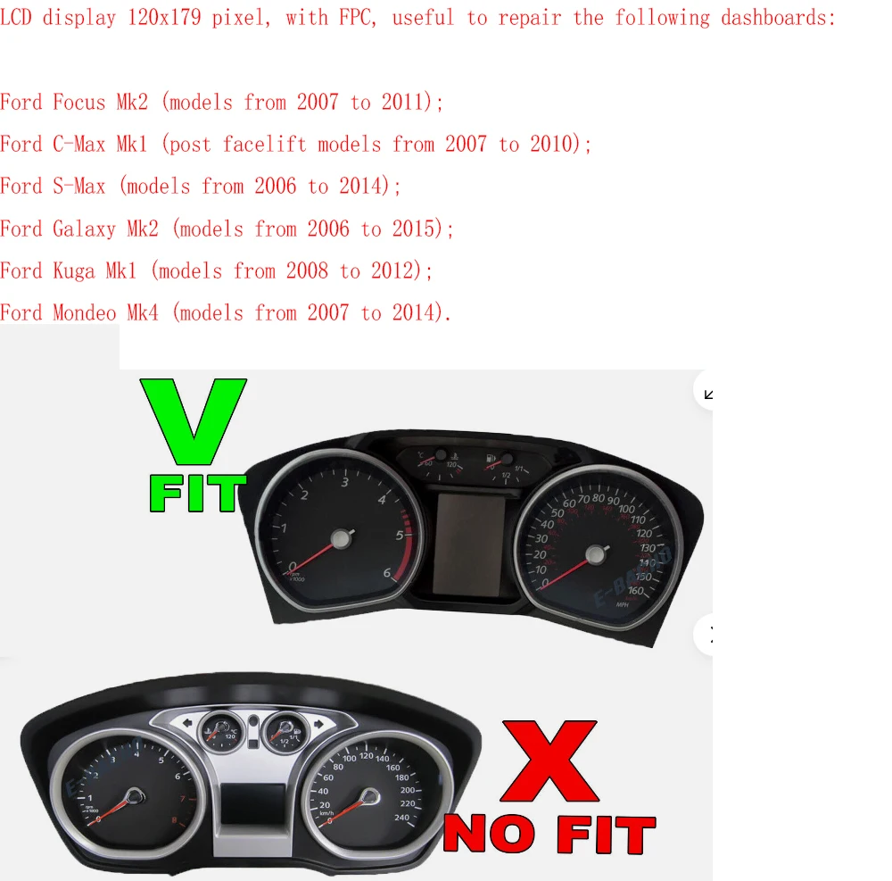 LCD display VDO for Ford Focus, C-Max, S-Max, Galaxy, Kuga and Mondeo MK1 MK2 MK4 instrument clusters