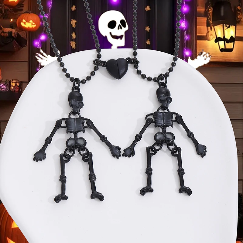 ฮาโลวีน Luminous Skeleton จี้สร้อยคอ Punk ผู้หญิง Man หัวใจแม่เหล็กคู่สแตนเลสเครื่องประดับของขวัญ Party