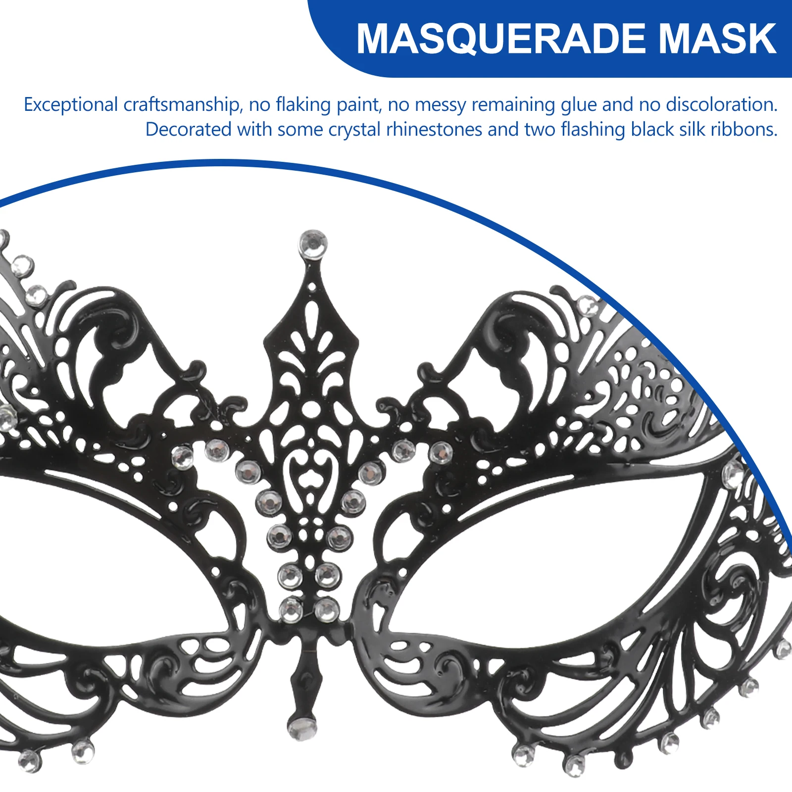 

Black Metal Masquerade Mask Durable Laser Cut Alloy Crystal Rhinestones Silk Ribbons One Size Fits Most Women Costume Ball Prom