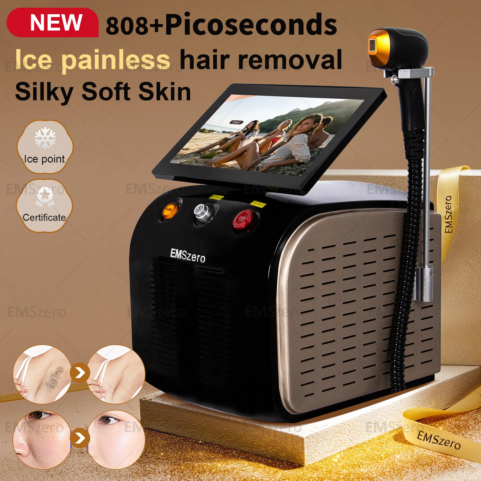 2 in 1 ที่มีประสิทธิภาพ Picosecond Laser Tattoo และอุปกรณ์กําจัดขน 808 755 1064nm tri Wave Professional ND YAG เลเซอร์เครื่อง