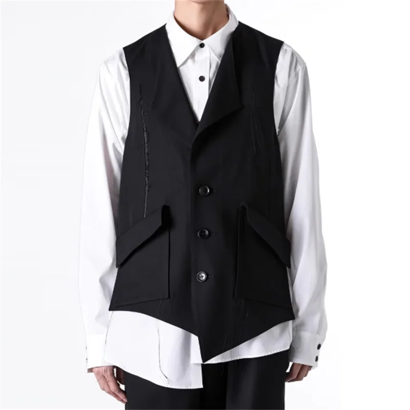 2025 Asymmetric Lower Hem Design Single-Button Large Pocket Jacket Black Large-Sized Suit Collar Sleeveless Coat