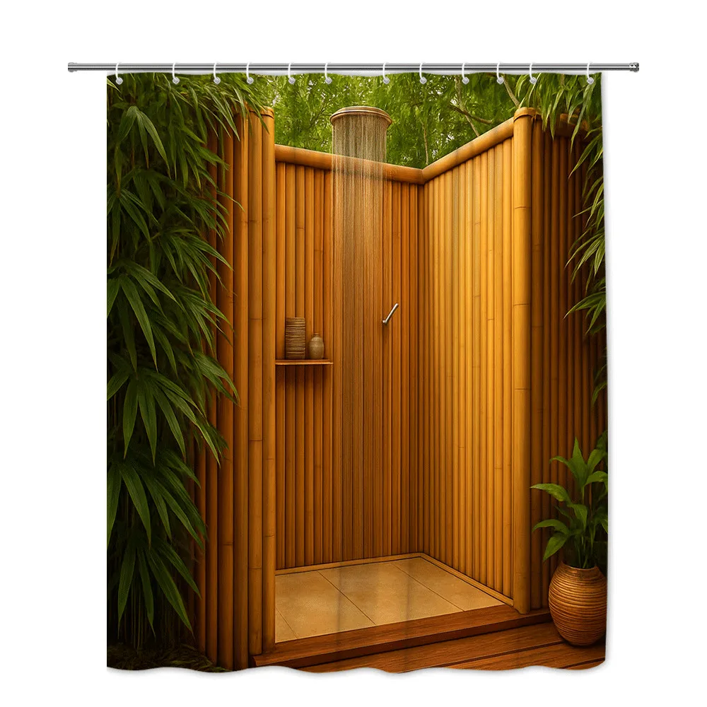 Zen Bamboo Shower Curtain Outdoor Spa Scene Green Leaves Wooden Wall Design Waterproof Easy to Install Elevate Your Space