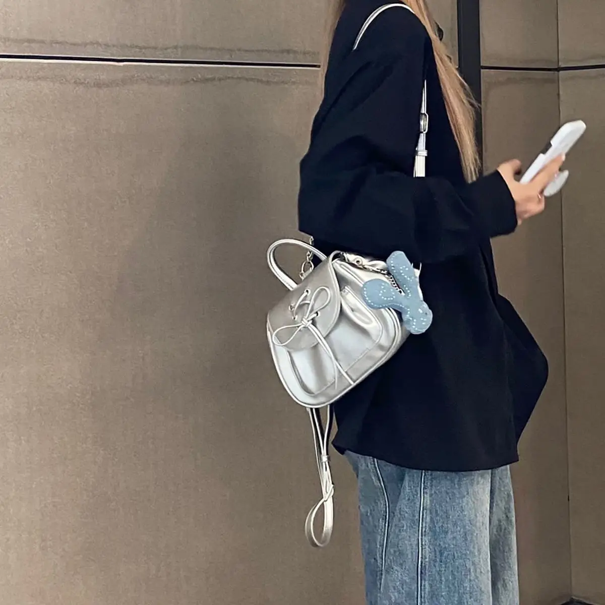 JIAERDI Harajuku Bow Silver Backpack Women Preppy Style Hot Girls Leather Mini Backpacks Female Fairycore Aesthetic Y2k Mochila