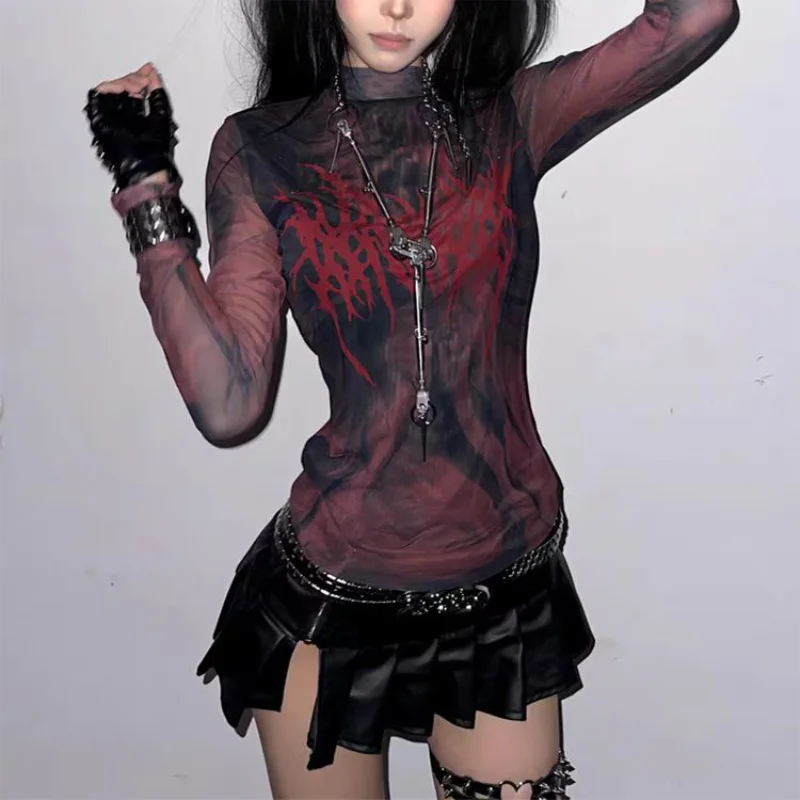 Grunge Ästhetik Druck T-shirt Vintage Gothic Red Mesh Streetwear Frauen Top Y2k Langarm Sheer Tops Punk – Detail 7