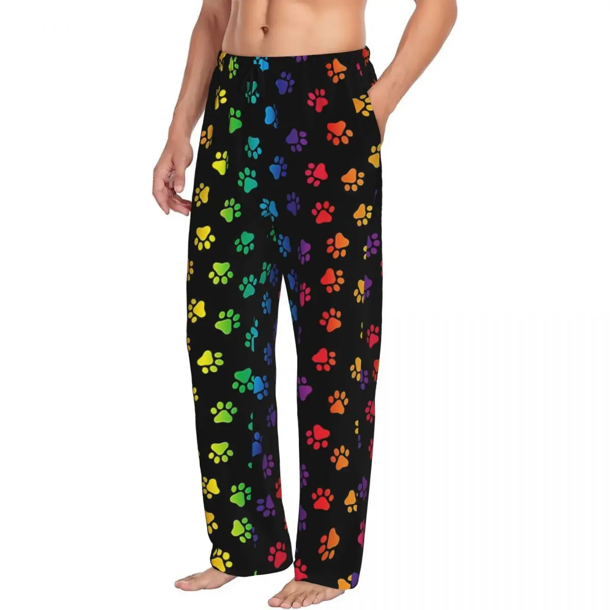 Custom Rainbow Animal Pet Dog Paw Pajama Pants Men's Sleepwear Lounge Sleep Bottoms Stretch with Pockets