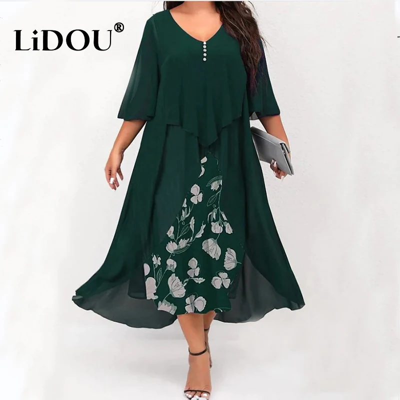 Spring Autumn Fashion Patchwork Vintage Plus Size Dress Woman Aesthetic Simple Print Oversized Elegant Chic Vestidos De Fiesta