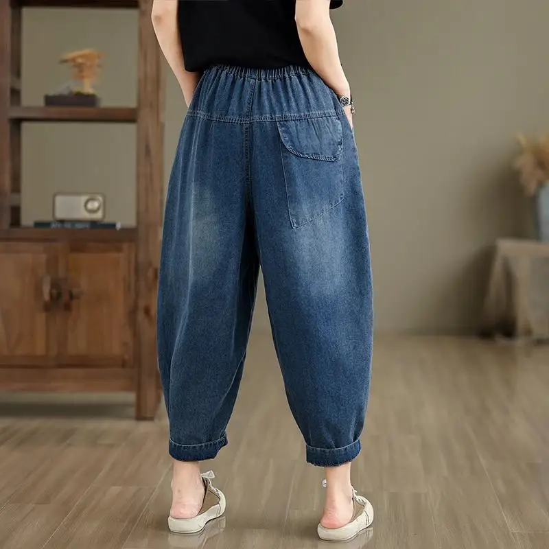 Pantalon sarouel en coton denim à taille élastique pour femme, jean bleu, patchs vintage, design adt, nouveau style artistique, printemps, été, 2024