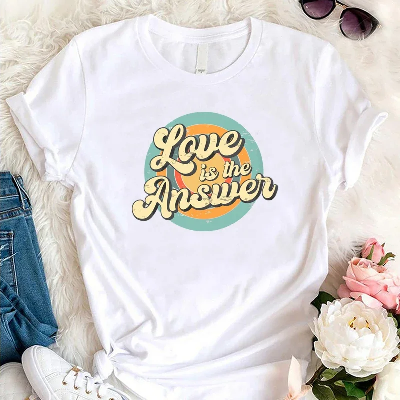 Y2k Short Sleeves Sunmmer T Shirt Love Is The Answer Inspirational Graphic T Shirts Women  Printed Retro Vintage Clothes Tops