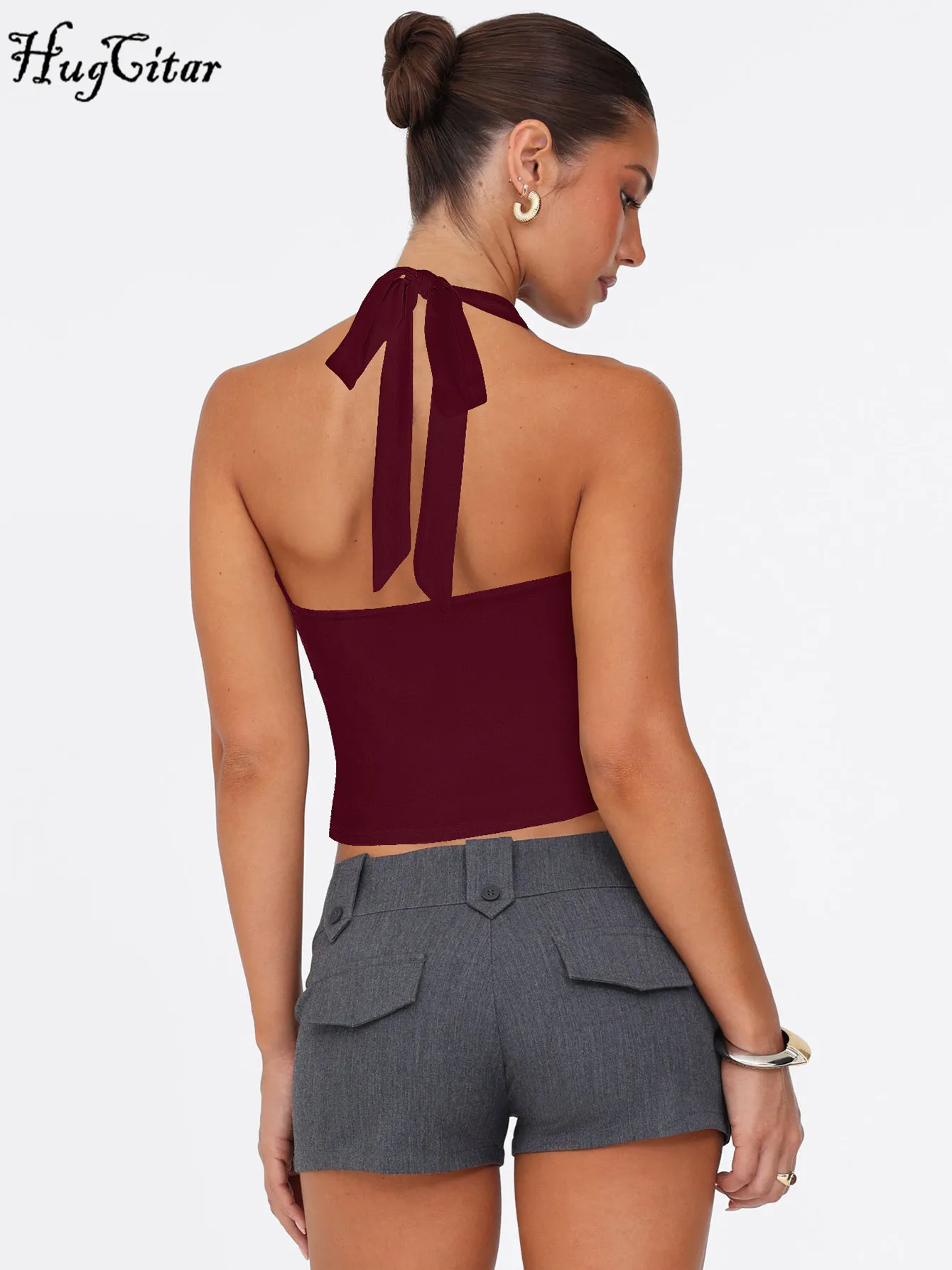 Hugcitar Women'S Fashion Halter Metal Loop Cut Out Backless Bandage Sexy Crop Tank Top Summer Vacation Clothes Streetwear Party