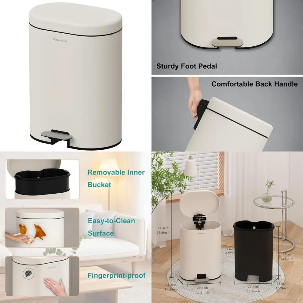 

Oval Brushed Stainless Steel Trash Bin with Soft Close Lid, 3.2 Gallon Capacity, Removable Inner Bucket for Bathroom Use
