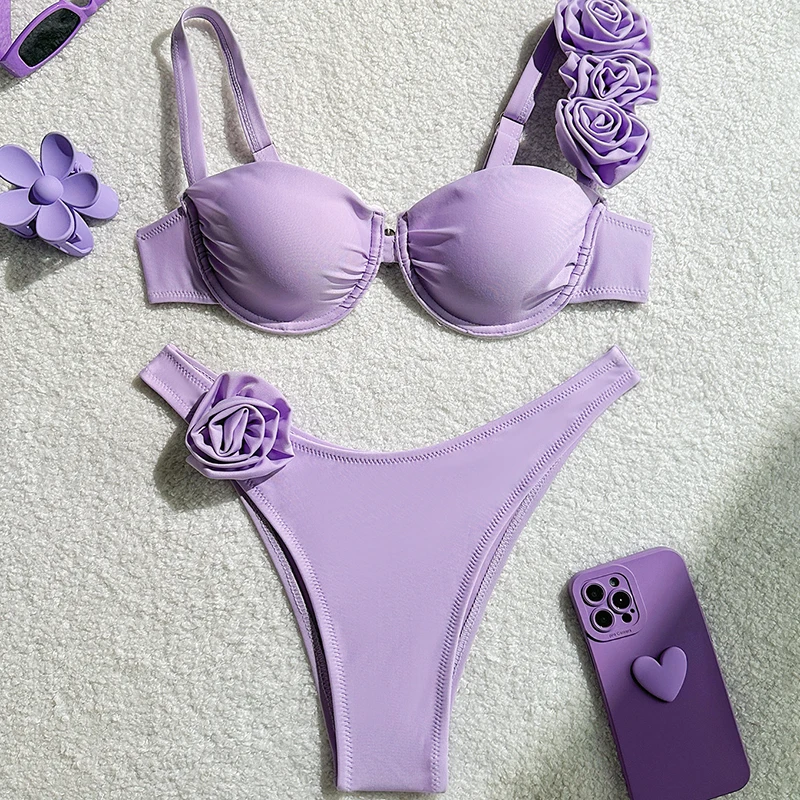 أنيق المرأة مثير بلون الأزهار Underwire رفع مجموعة البكيني قطعتين أزياء Ins ملابس بحر لقضاء عطلة الصيف