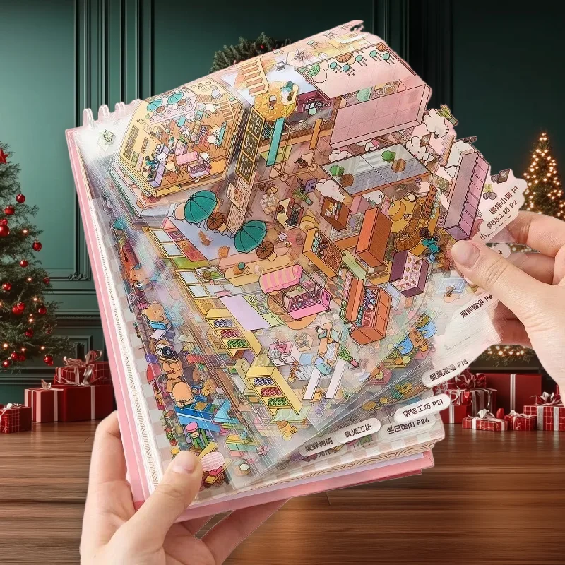 49pcs/pack Sunny Town Miniature Scene Sticker Book 3D Stereo Cartoon Cottage DIY Scene Making Decoration