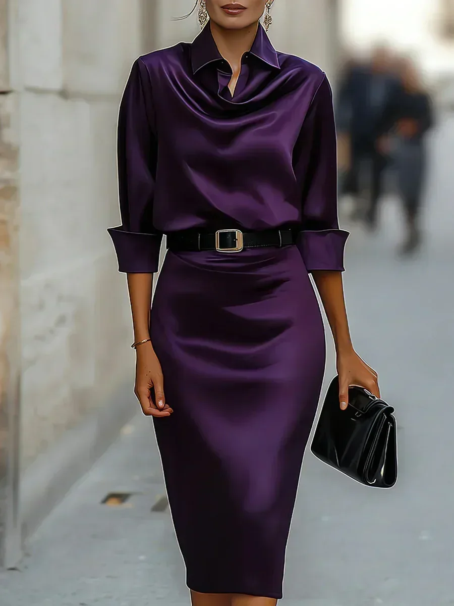 Damen Satin-Midikleid mit Kragen und Wasserfallausschnitt, 3/4-Ärmel, Elegantes Formelles Büro- und Pendlerkleid im Etuikleid-Stil – Detail 5