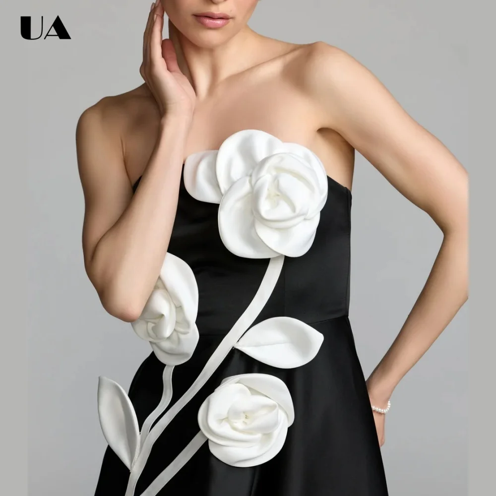 ULBYANRY Elegant 3D Flower Strapless Cocktail Party Dress, Simple Satin A-line Evening Dress, Customized Sleeveless Formal Dress