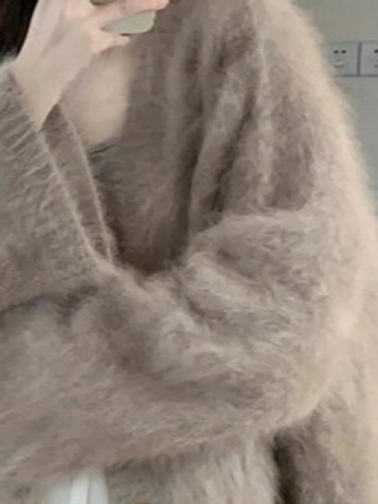 Herfstkleding Harig vest Jassen V-hals Alle Match Sueter Mujer Koreaanse Pull Femme Mode Gebreide trui met enkele rij knopen