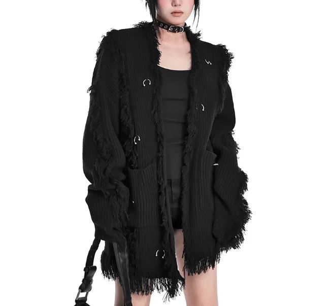 Mode Veelzijdige Kwastje Persoonlijkheid Donkere Street Style Trui Vest Lente Herfst Nieuwe Lange Mouw Cool Retro Gebreide Top