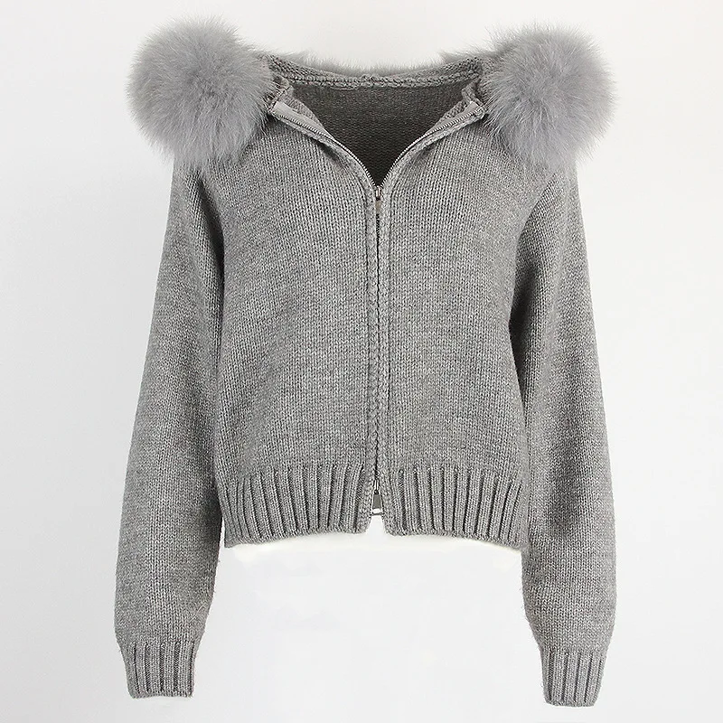 

BJTZ Autumn and winter new casual hooded real fox fur collar fashionable versatile knitted sweater cardigan fur coat for women