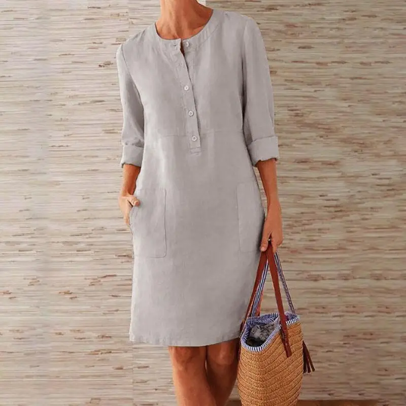 Платье большого размера Vintage Straight Dress Long Sleeve Oversized Mini Women Casual Soild Cotton and Linen Tunic Dress