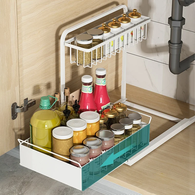 

2-Tier Slide Rail Kitchen Spice Organizer Wire Basket Storage Container, Bathroom Countertop Organizer Rack