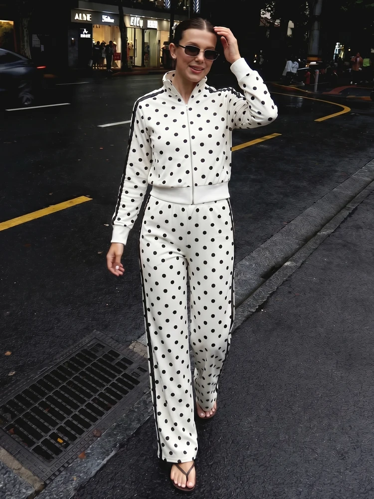 Conjunto de Moda para Mujer HH con Estampado de Lunares, Top Elegante de Manga Larga con Raya Lateral de Encaje, Pantalón Holgado con Cintura Elástica, Ropa Casual de Otoño para Mujer