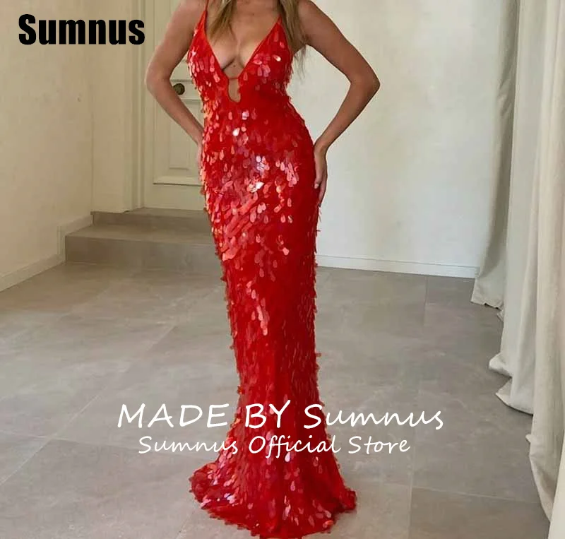 Sumnus Sexy Mermaid Red Evening Dresses Sequin Deep V-Neck Sleeveless Party Dresses Floor-Length Prom Dresses Customized