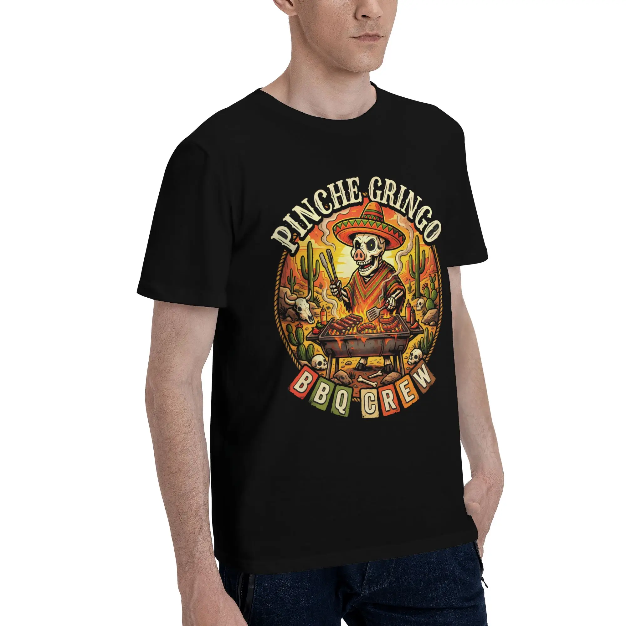 Men Women Pinche Gringo BBQ Crew Skeleton Grilling Beer Shirt Pure Cotton Print Tee Shirts  Clothing Outfits