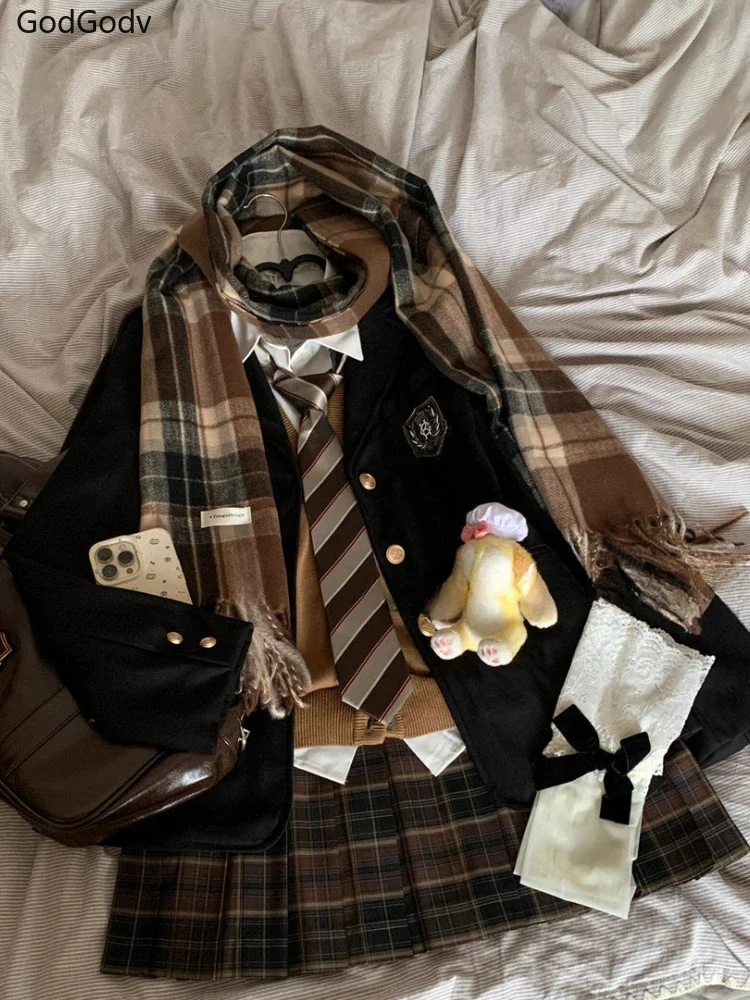 IMU Spring JK Style School Uniform Design Woman Suit Preppy Blazer Plaid Skirt Vintage Korean Style Female Y2k 3 Piece Sets Outf