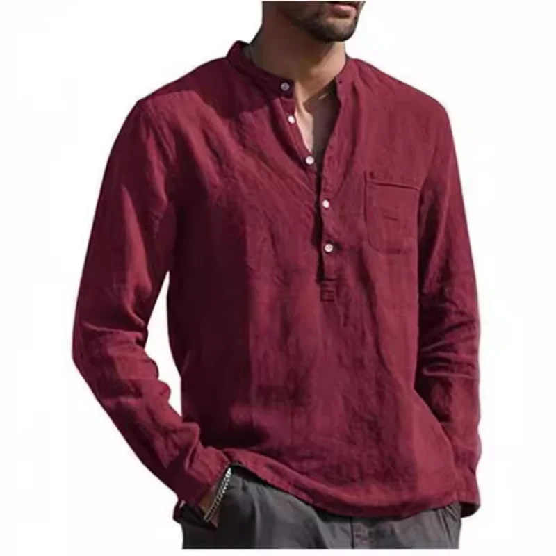 Camicie da uomo a maniche lunghe con scollo a v Casual camicia di lino da spiaggia primavera autunno Casual belle magliette hawaiane per camicetta da uomo