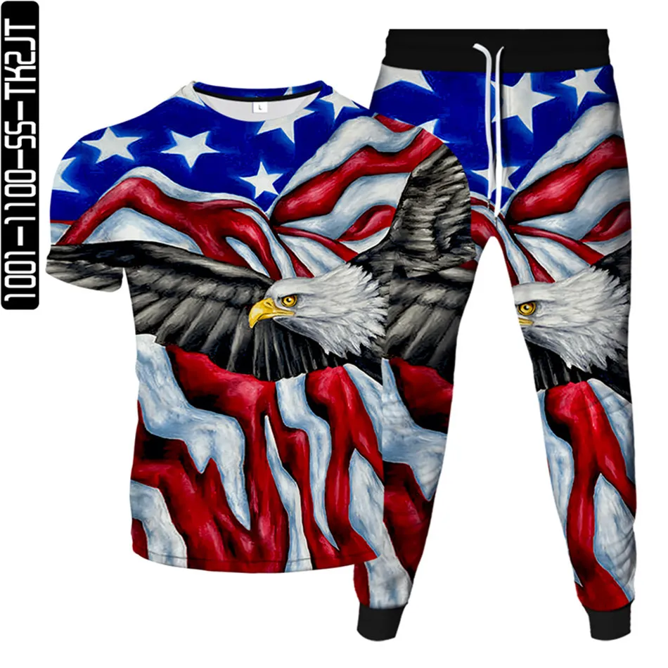 

Mens Fashion T-Shirt+Jogger Pants 2pcs Sets Clothes Cartoon USA Flag Animal Eagle Print Women Tracksuit Sportwear Male Plus Size