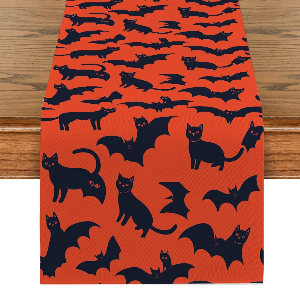 Halloween Bat Cat Table Runner Dining Table Cloth  Decor for Kitchen Holiday Party Table Runners Decoration for Home Kitchen