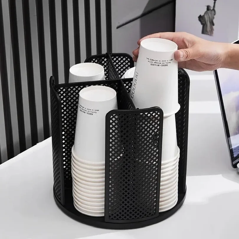 Rotatable Plastic Cup Storage Organizer 360°Dispenser 4 Compartment Cups and Lids Holder Detachable Desktop Coffee Cup Dispenser