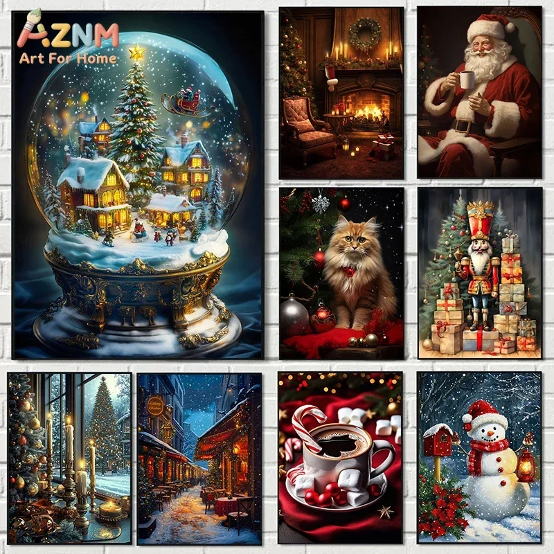 AZNM Cozy Christmas Canvas Wall Art Snow Globe Santa Cat Hot Cocoa Print for Winter Holiday Decor
