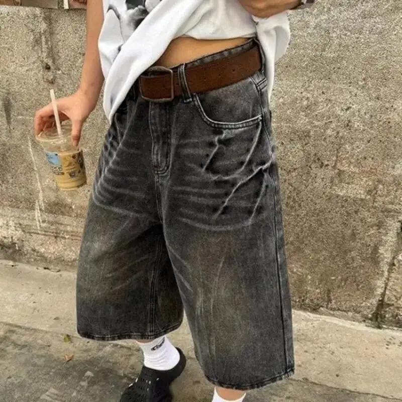 BabYoung American Vintage Washed Denim Shorts For Women Y2k Loose Calf- Length 2025 Summer New Straight Wide Leg Pants