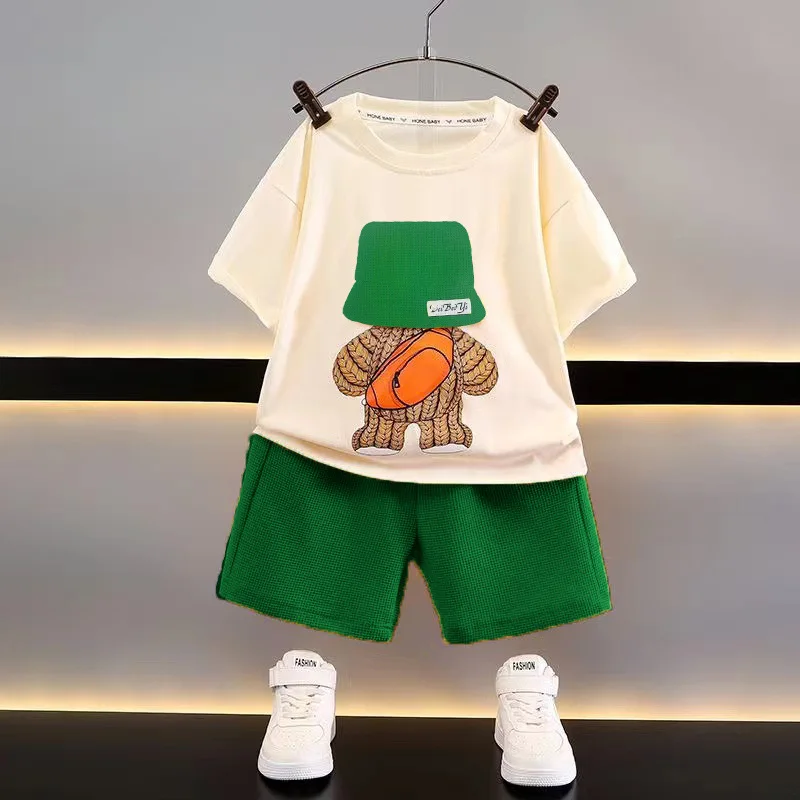 Summer Toddler Baby Boys Clothing Suit 2024 New Bear Backpack Printed T-shirt Top+Shorts Outfits Children's Clothing 2PCS Set