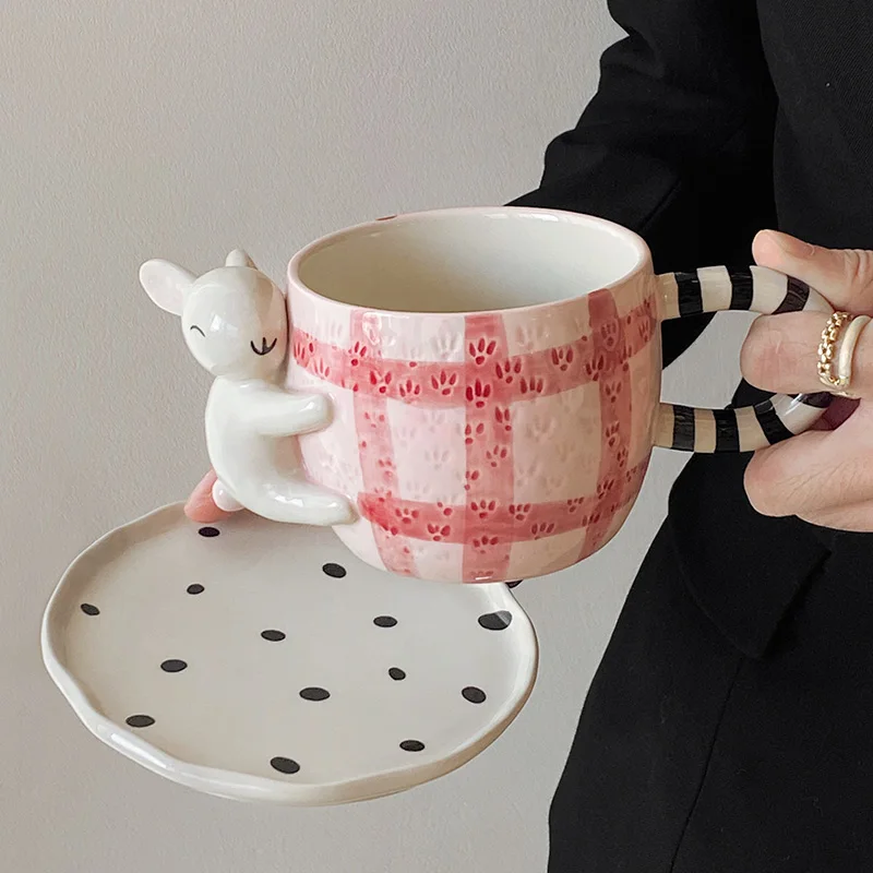 Ceramic Coffee Cup Dish Set Household Creative Animal Mugs Fashion Contrast Color Drinking Cups Cute Dessert Small Plate