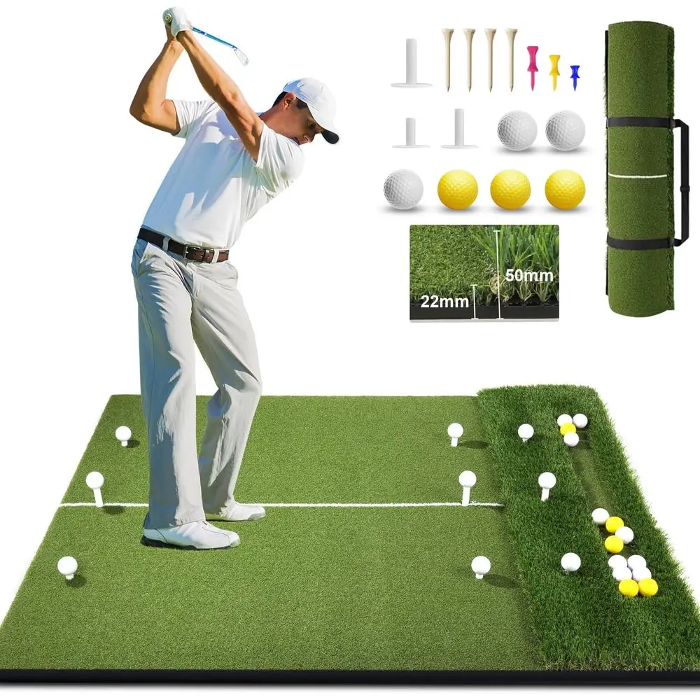 

Thick Dual-Turf Golf Hitting Mat with Ball Tray - Ideal for Indoor/Outdoor Practice and Chipping Training