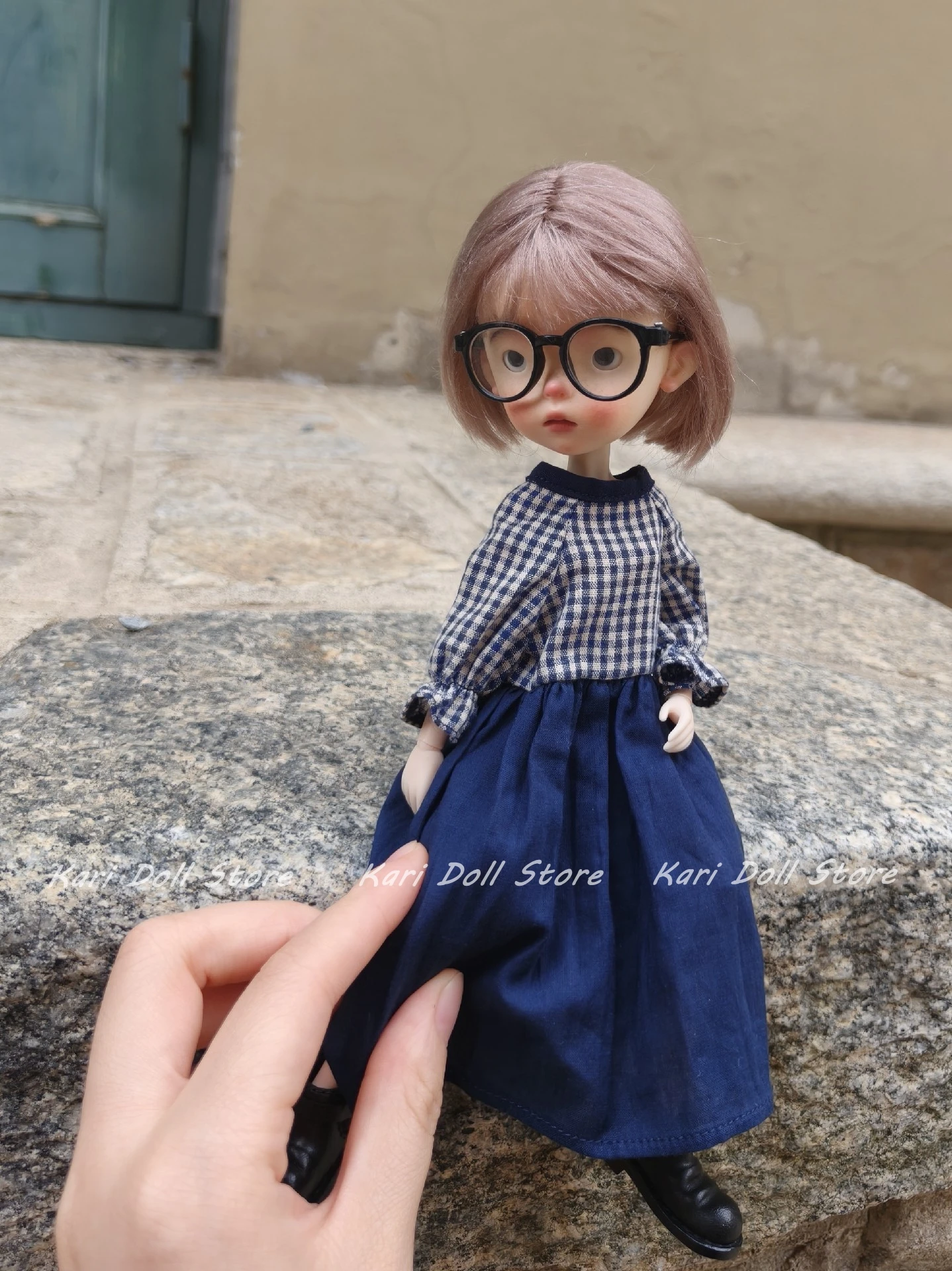 2026 Kari Doll Clothes and skirts Handmade Blue patchwork plaid skirt for Landazz Landoudou Landazz ob24 ob22Doll