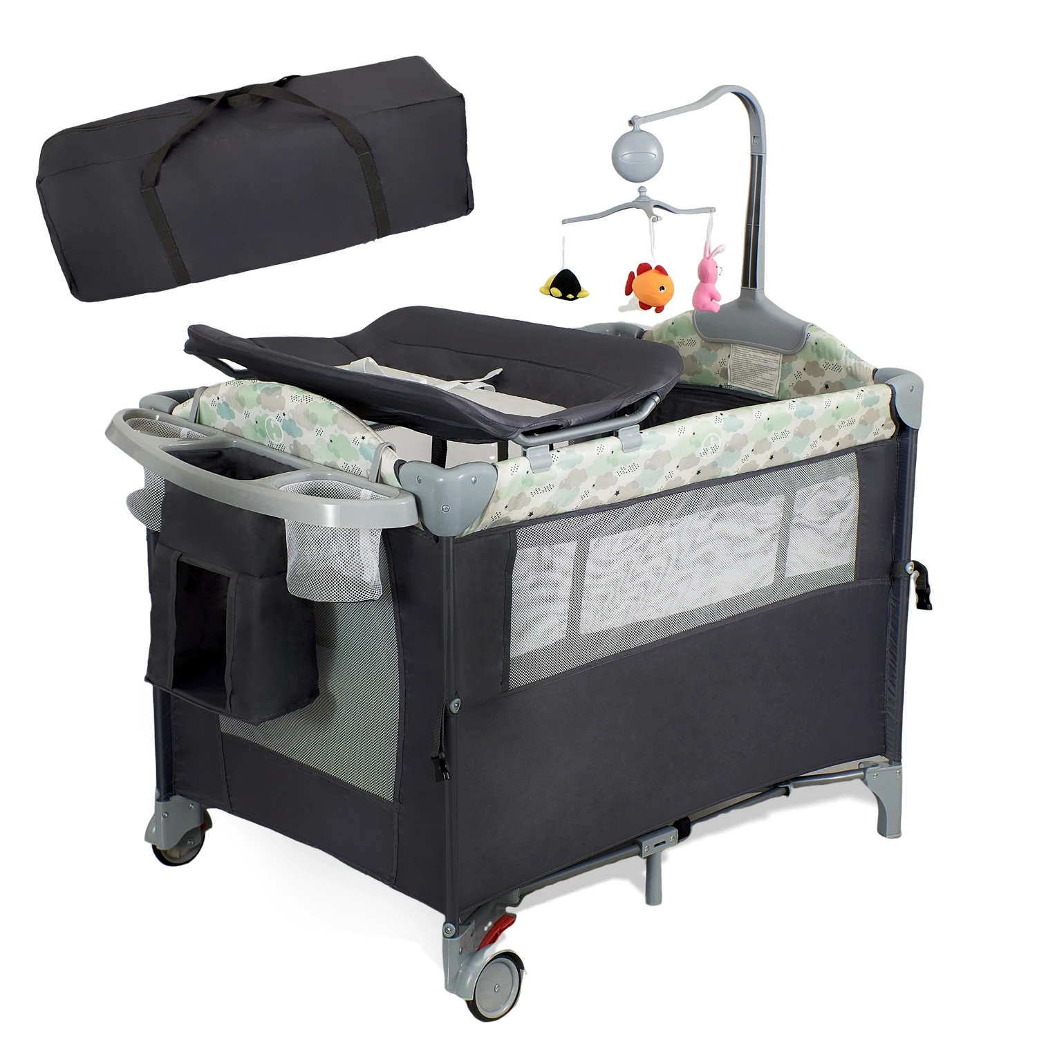 

4 in 1 Portable Baby Playard with Changing Table Lockable Wheels Music Box Foldable Baby Crib Suit Infant to Toddler