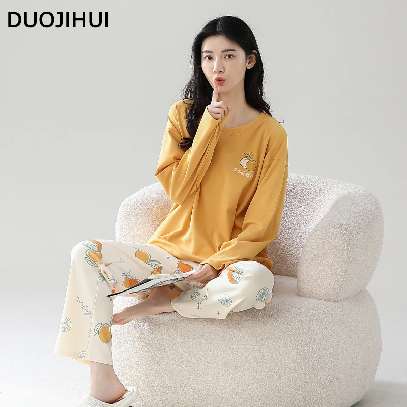 DUOJIHUI-Pijama informal de Color contrastante para mujer, Conjunto de pijama con estampado elegante, Jersey holgado, pantalón Simple, moda femenina, otoño