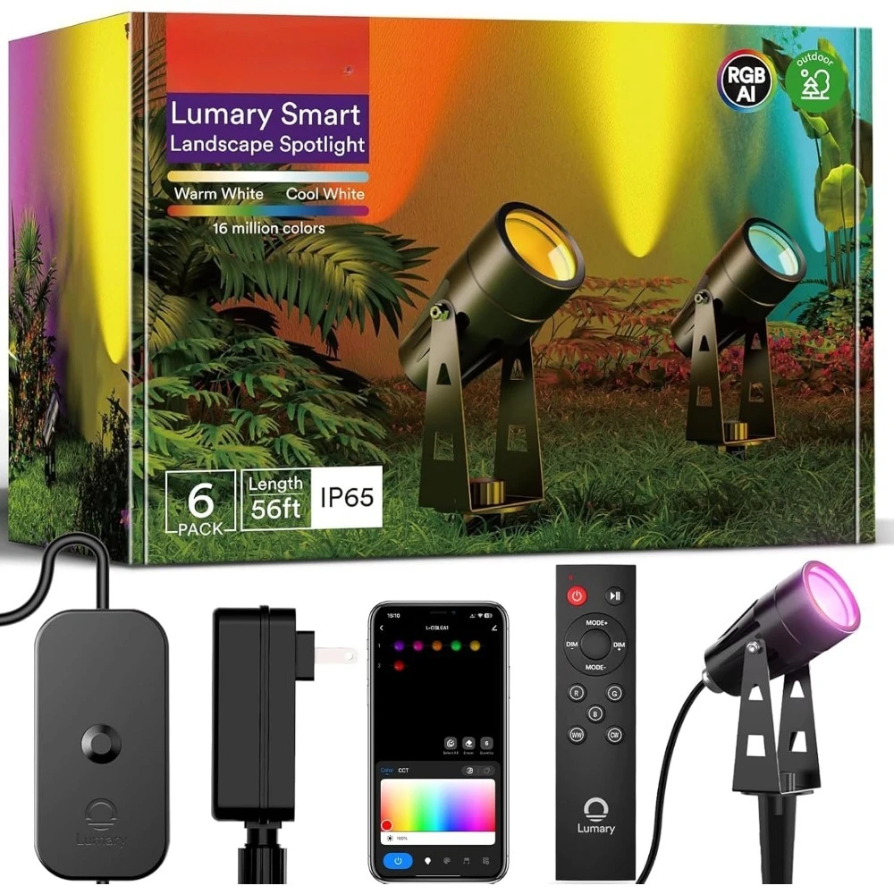 

Садовые светильники RGBAIWW с низким напряжением, 56 футов, 6 штук, IP65, водонепроницаемые, с изменением цвета, управление через приложение, доставка по США