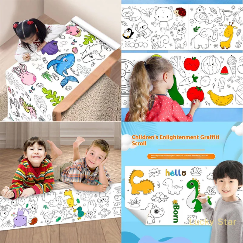 

1 Set Children's Drawing Roll DIY Coloring Paper Roll Color Filling Graffiti Paper-cut Painting Toys Princess Animal Canvas
