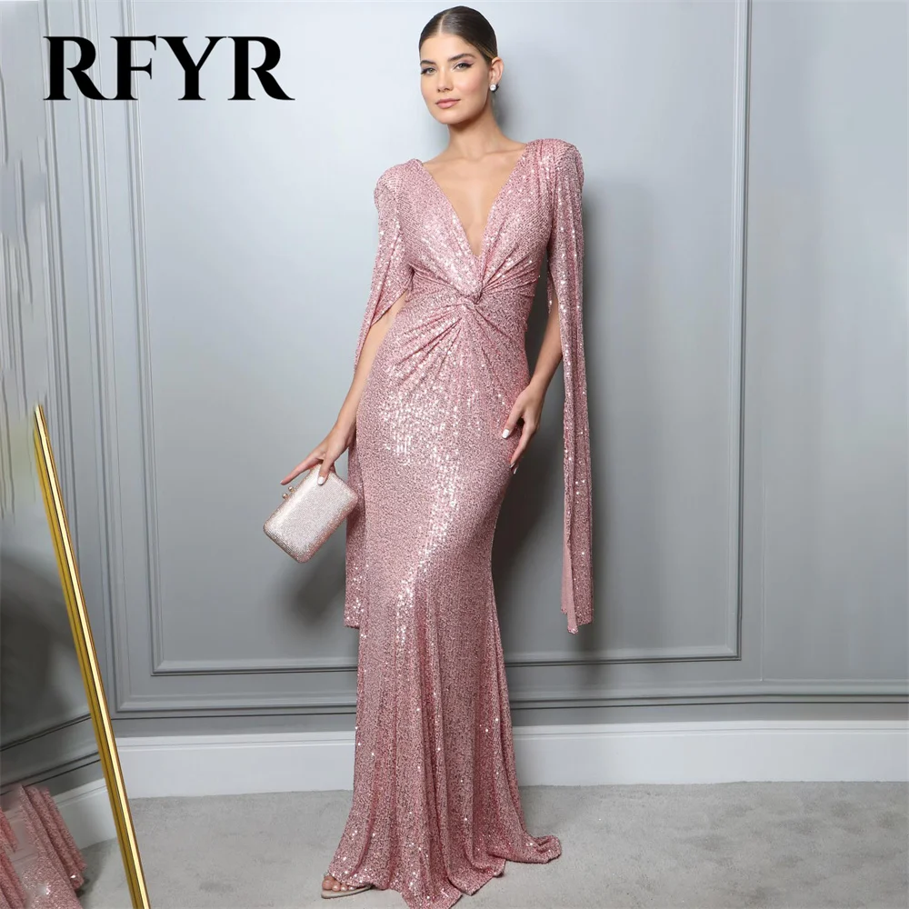 

RFYR Pink Blush Evening Gown Elegant Mermaid Sexy Prom Dress Glitter Sequin Wedding Evening Dress with Pleat robes de soirée