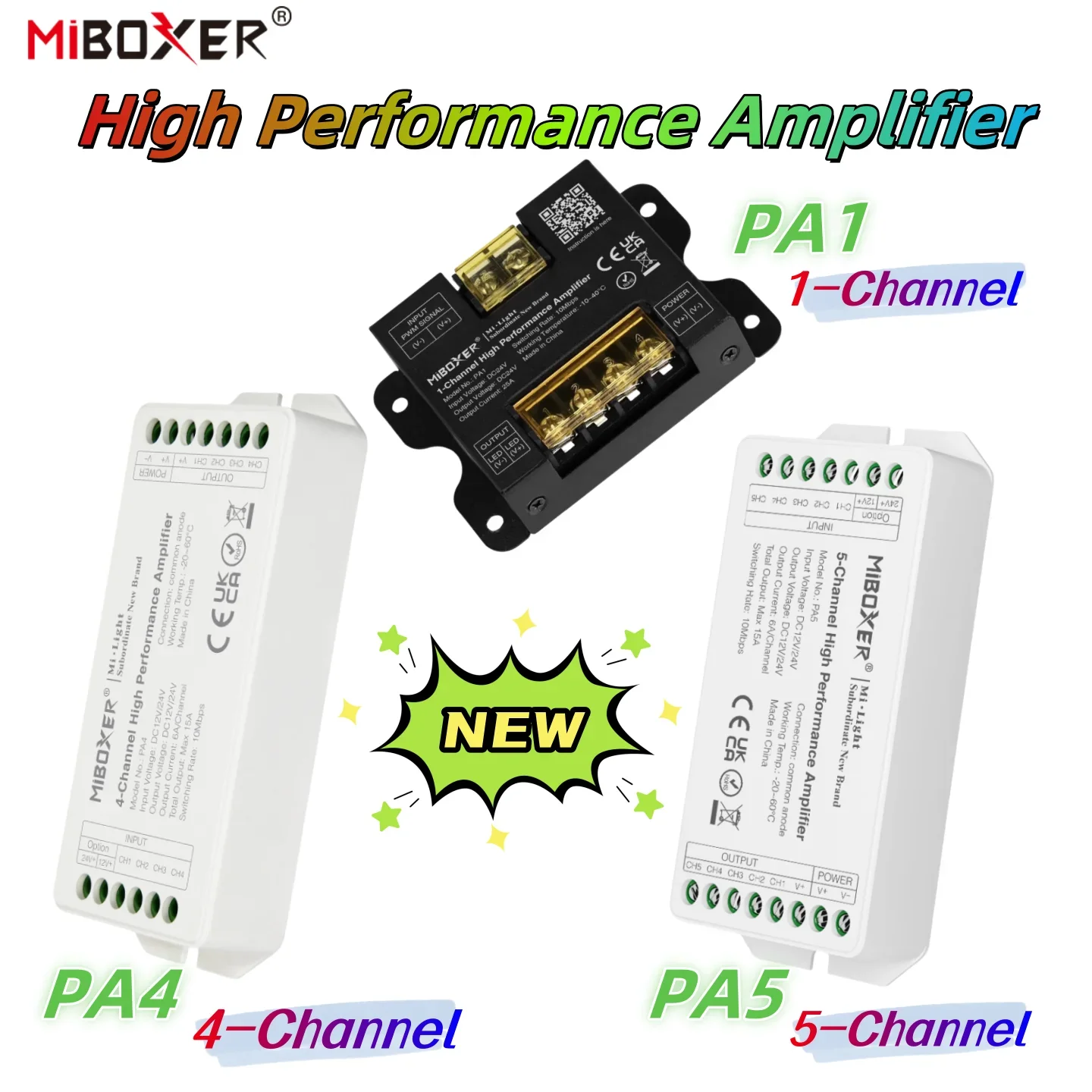 

Miboxer High Speed Performance LED Strip Amplifier PA1 1-CH PA4 4-CH PA5 5-CH RGBW LED Controller DC12V-24V Strong Compatibility